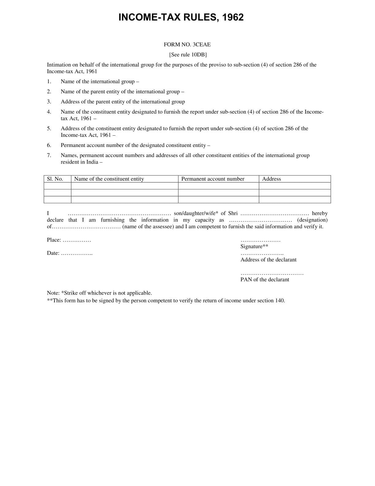 Income Tax Form No. 3CEAE Download Intimation on behalf of the international group
