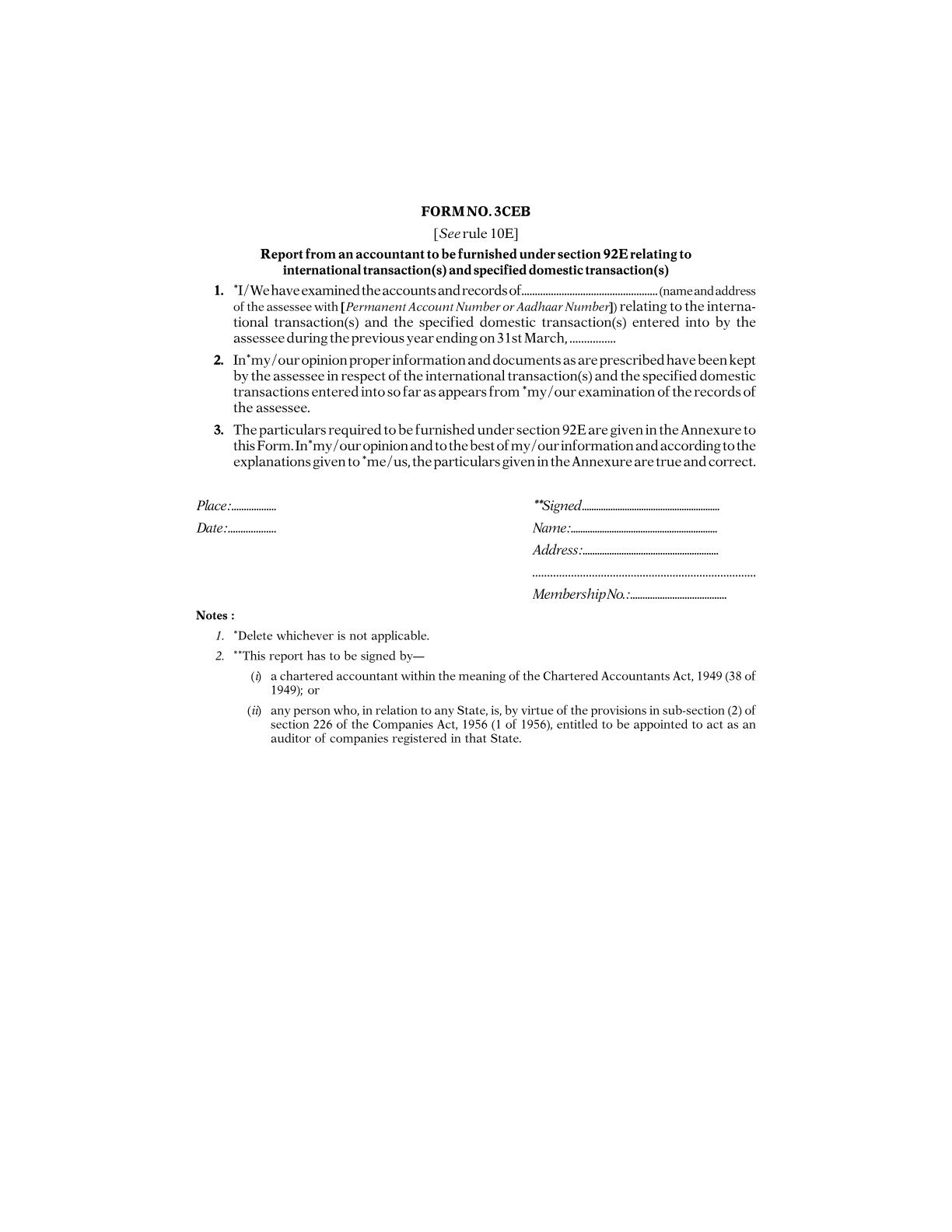 Income Tax Form No. 3CEB Download Report from an accountant to be furnished under section 92E
