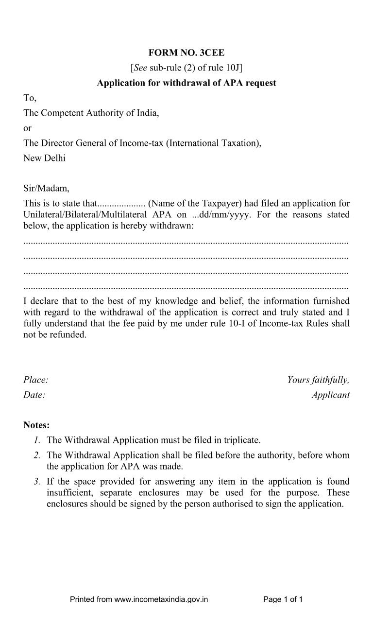 Income Tax Form No. 3CEE Download Application for withdrawal of APA request