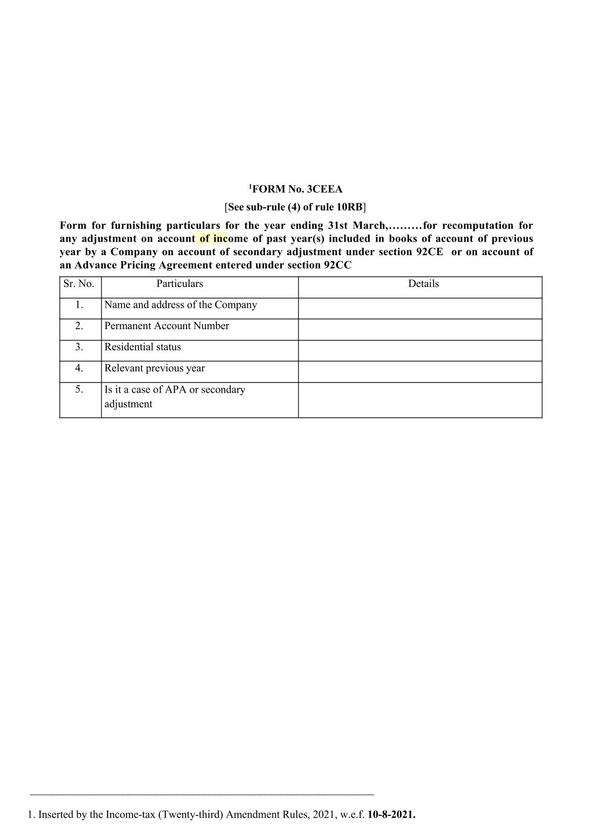 Income Tax Form No. 3CEEA Download Form for furnishing particulars for the year ending 31st March,