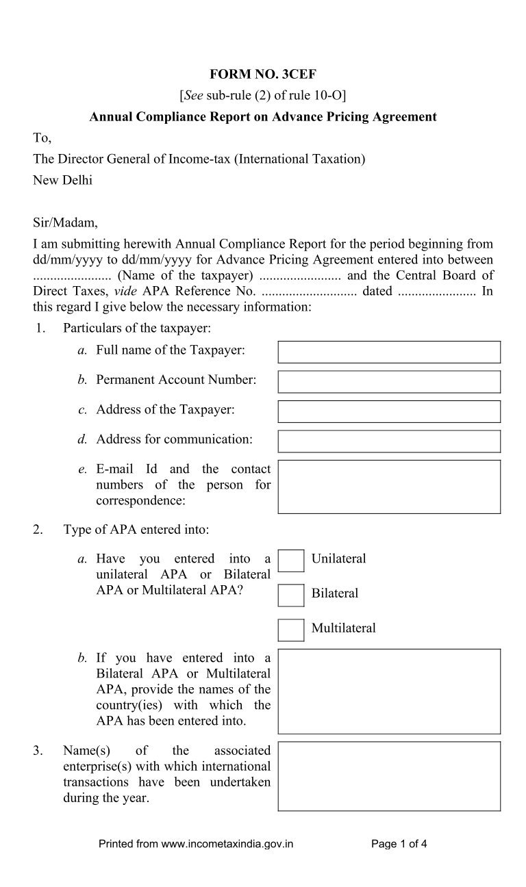 Income Tax Form No. 3CEF Download Annual Compliance Report on Advance Pricing Agreement