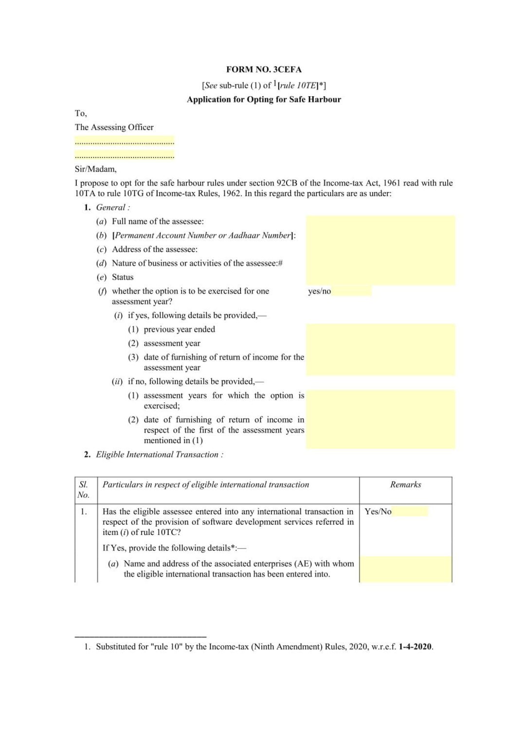 Income Tax Form No. 3CEFA Download Application for Opting for Safe Harbour