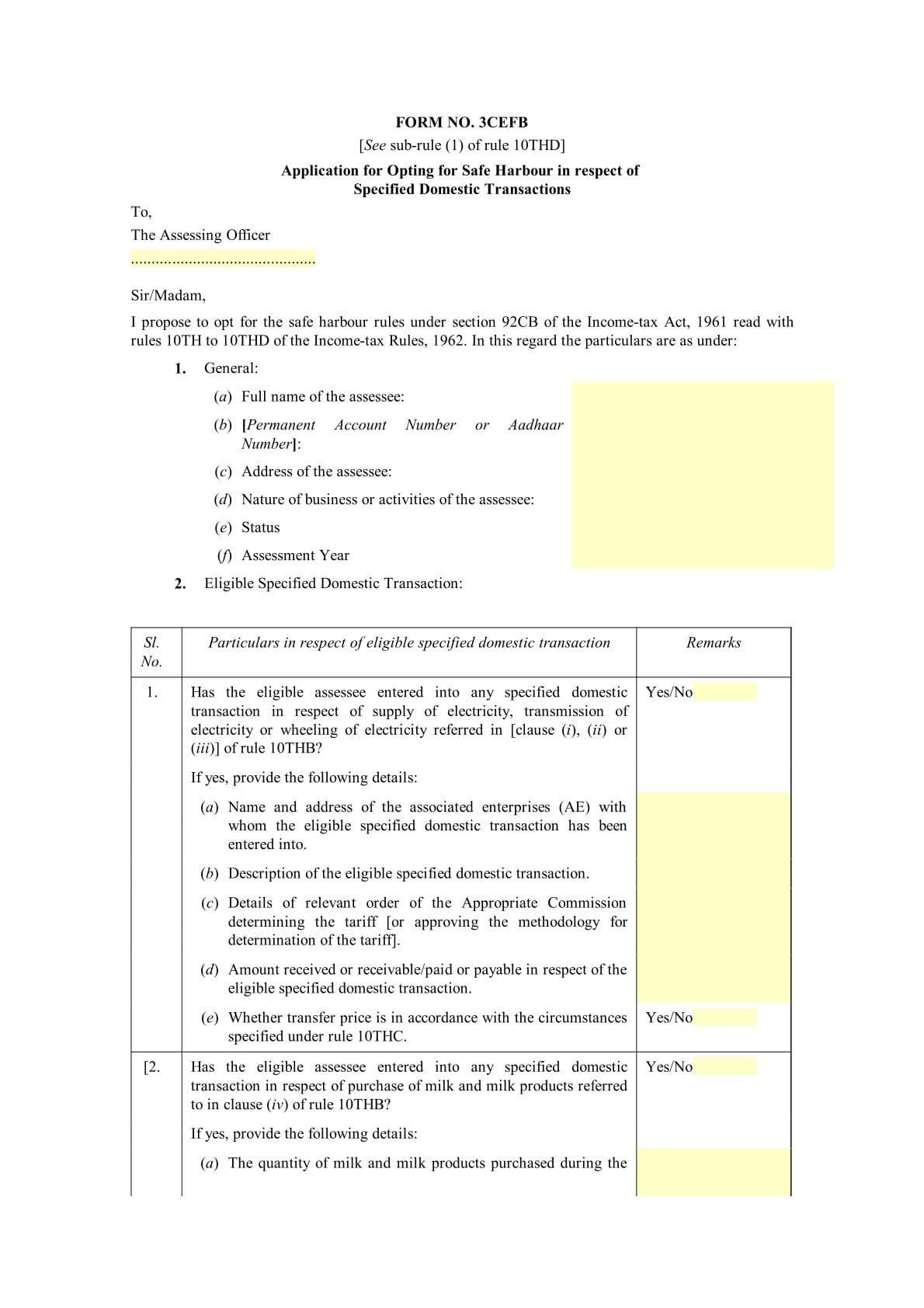 Income Tax Form No. 3CEFB Download Application for Opting for Safe Harbour in respect of Specified Domestic Transactions
