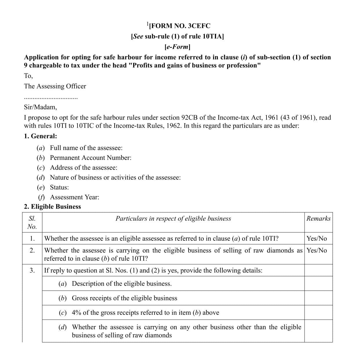 Income Tax Form No. 3CEFC Download Application for opting for safe harbour for income