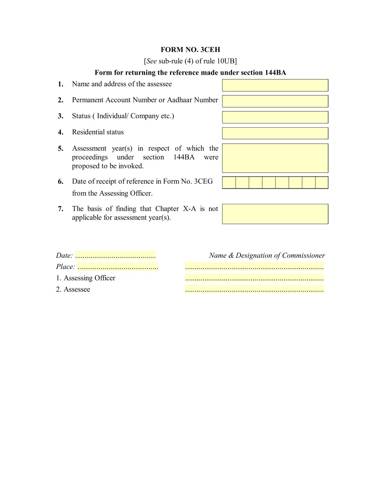 Income Tax Form No. 3CEH Download Form for returning the reference made under section 144BA