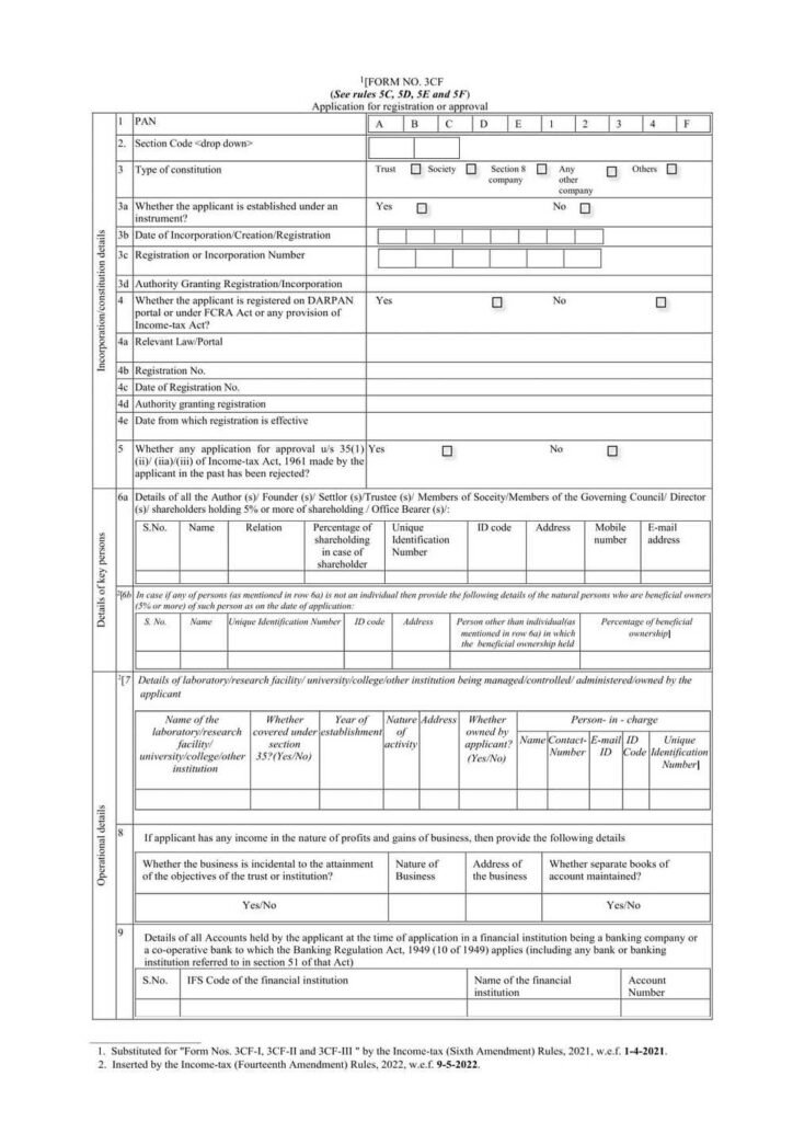 Income Tax Form No. 3CF Download Application for registration or approval