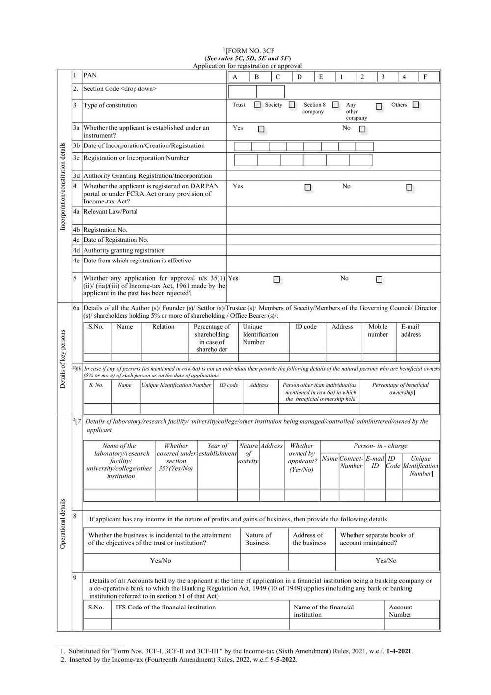 Income Tax Form No. 3CF Download Application for registration or approval