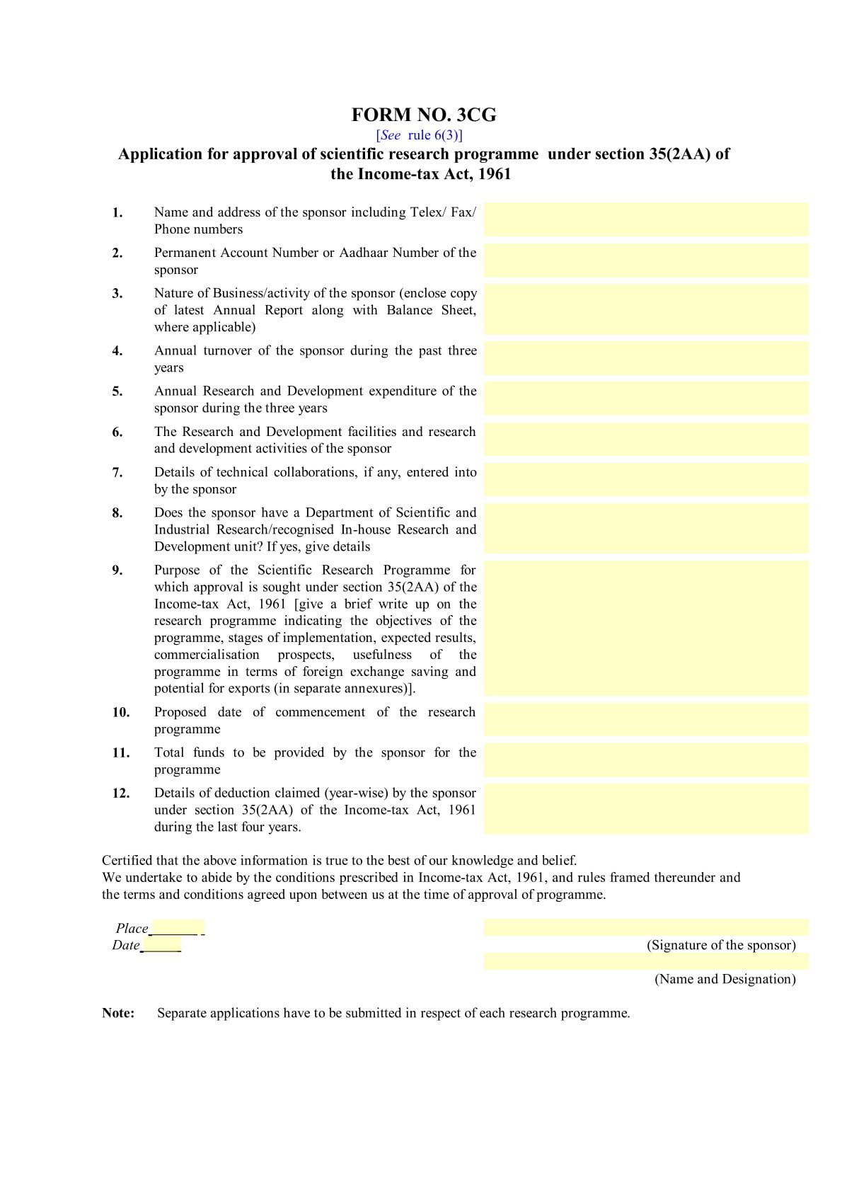Income Tax Form No. 3CG Download Application for approval of scientific research programme