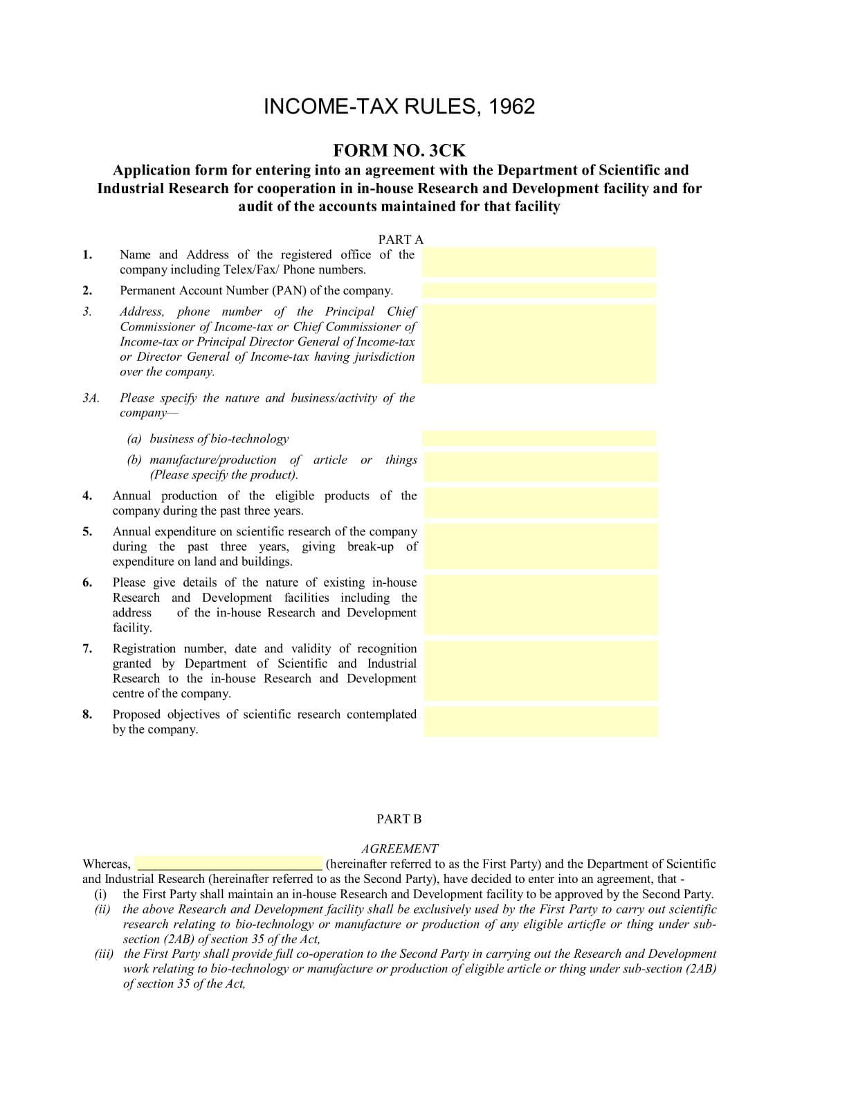 Income Tax Form No. 3CK Download Application form for entering into an agreement