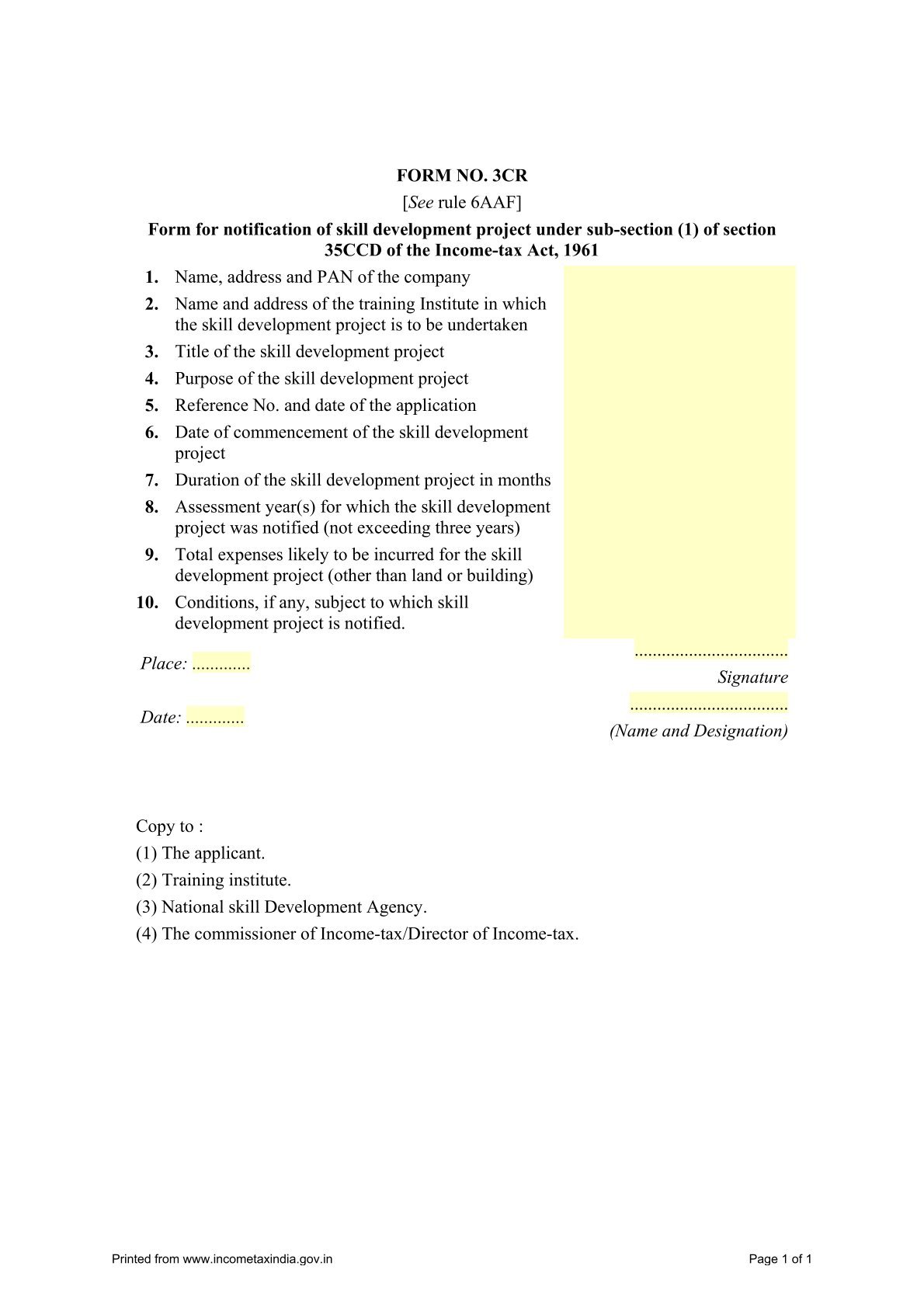 Income Tax Form No. 3CR Download Form for notification of skill development project under sub-section (1)