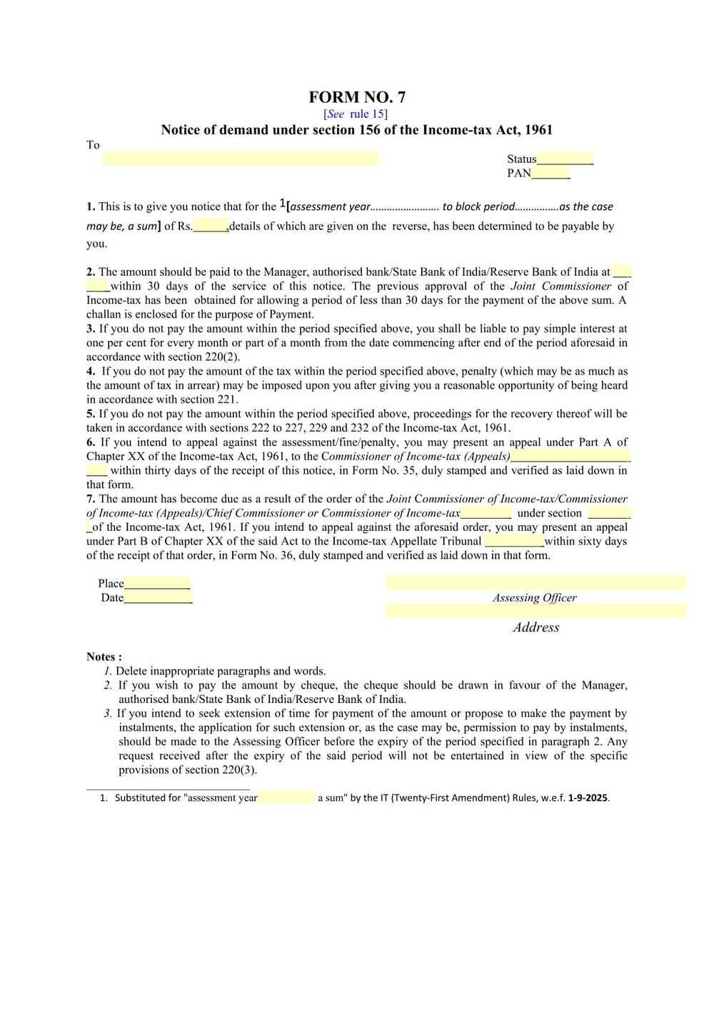 Income Tax Form No. 7 Download Notice of demand under section 156 of the Income-tax Act, 1961