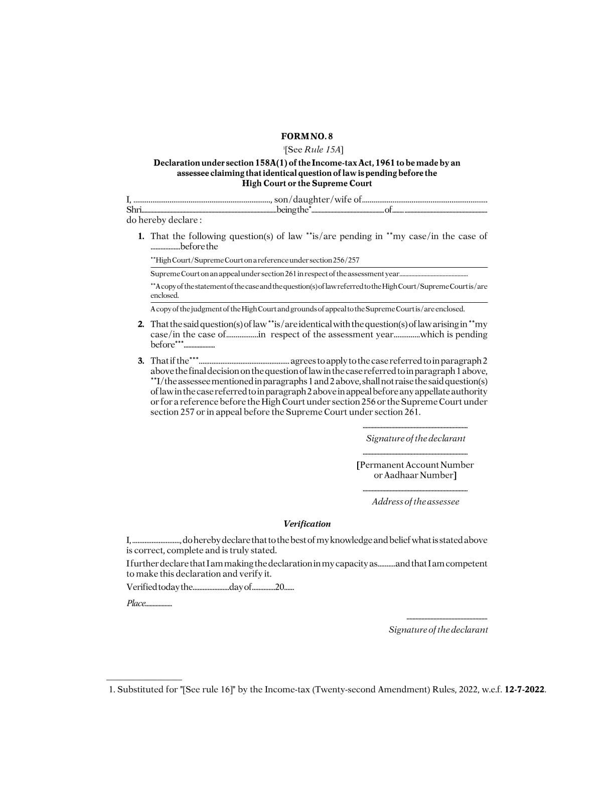 Income Tax Form No. 8 Download Declaration under section 158A(1) of the Income-tax