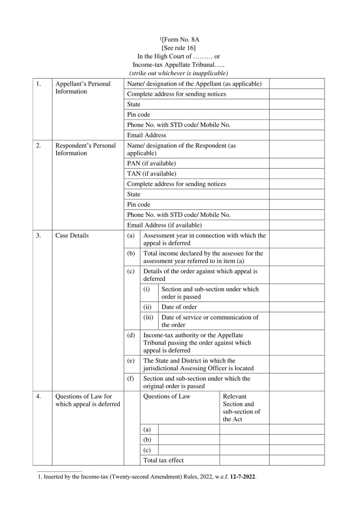 Income Tax Form No. 8A Download In the High Court of ……… or Income-tax Appellate Tribunal…..