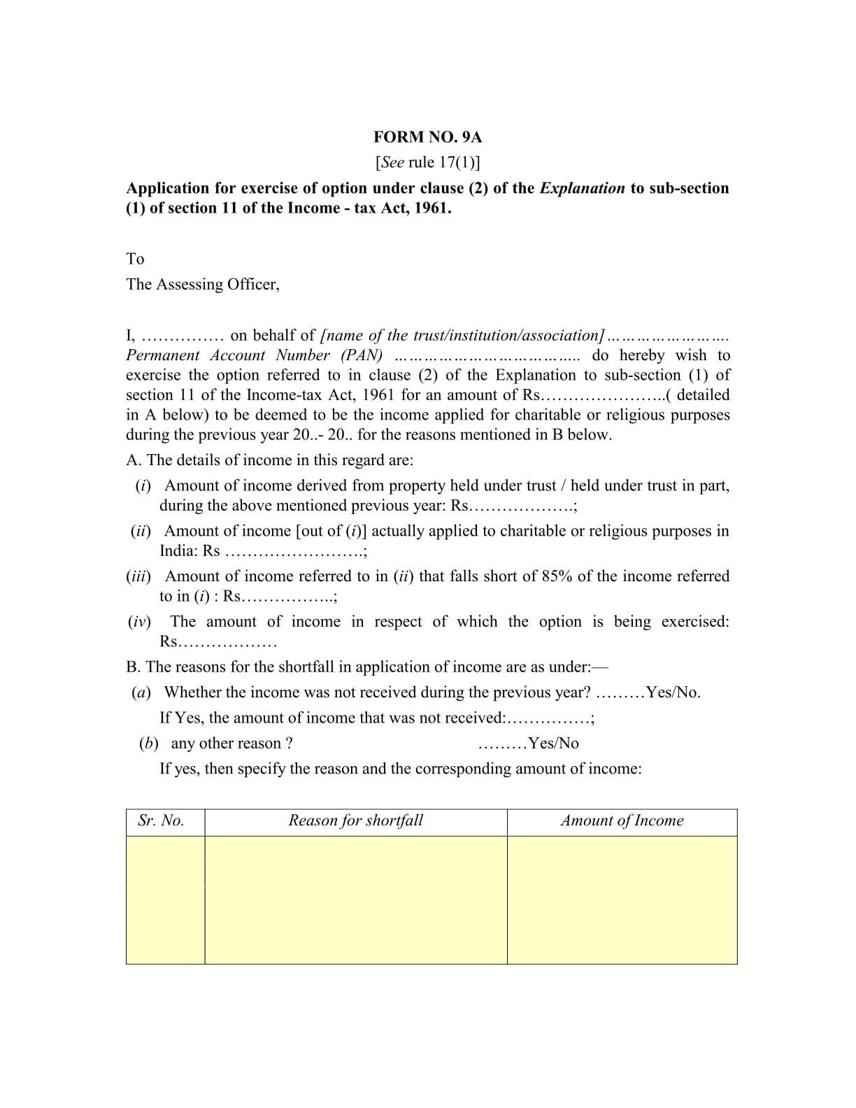 Income Tax Form No. 9A Download Application for exercise of option under clause (2)