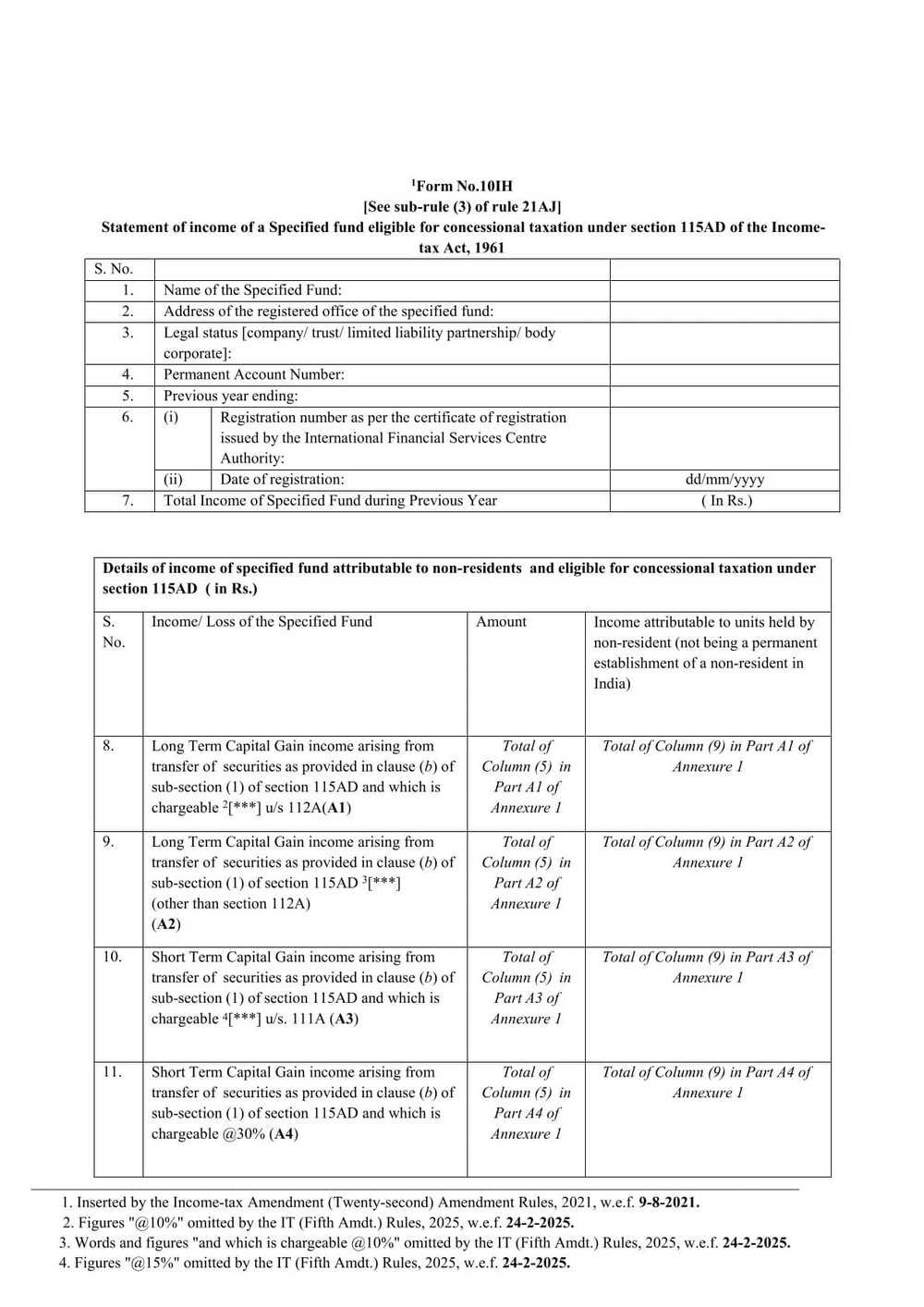 Income Tax Form No.0IH Download Statement of income of a Specified fund eligible