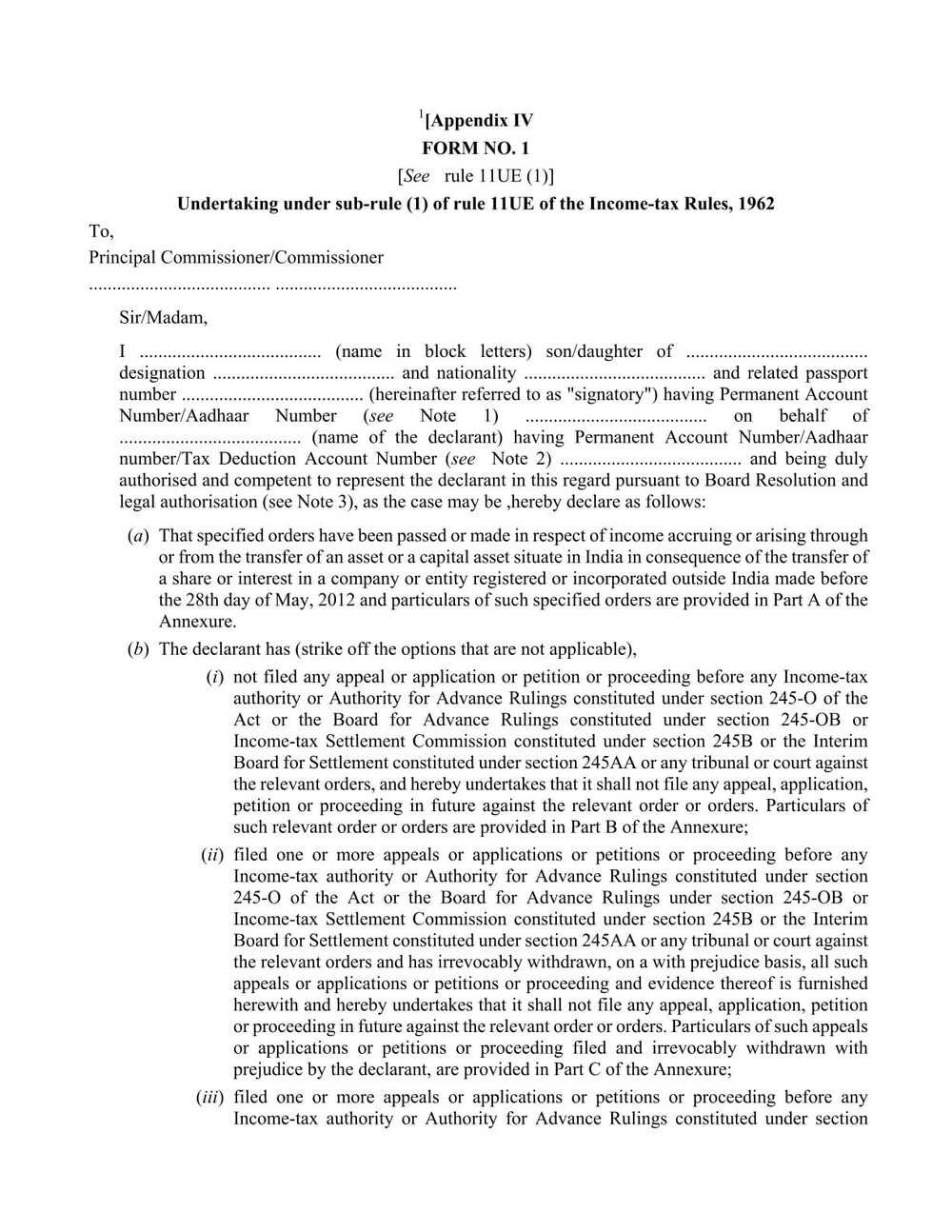 Income Tax Form No.1 Download Undertaking under sub-rule (1) of rule 11UE