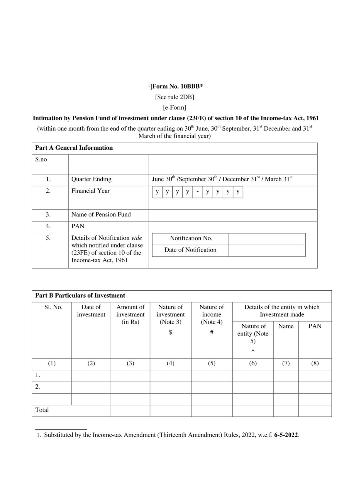 Income Tax Form No.10BBB Download Intimation by Pension Fund of investment under clause