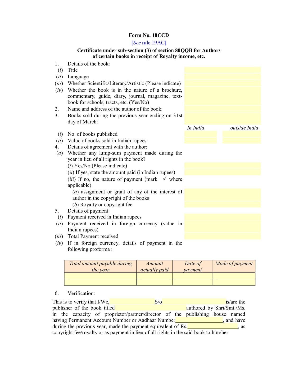Income Tax Form No.10CCD Certificate under sub-section (3) of section 80QQB