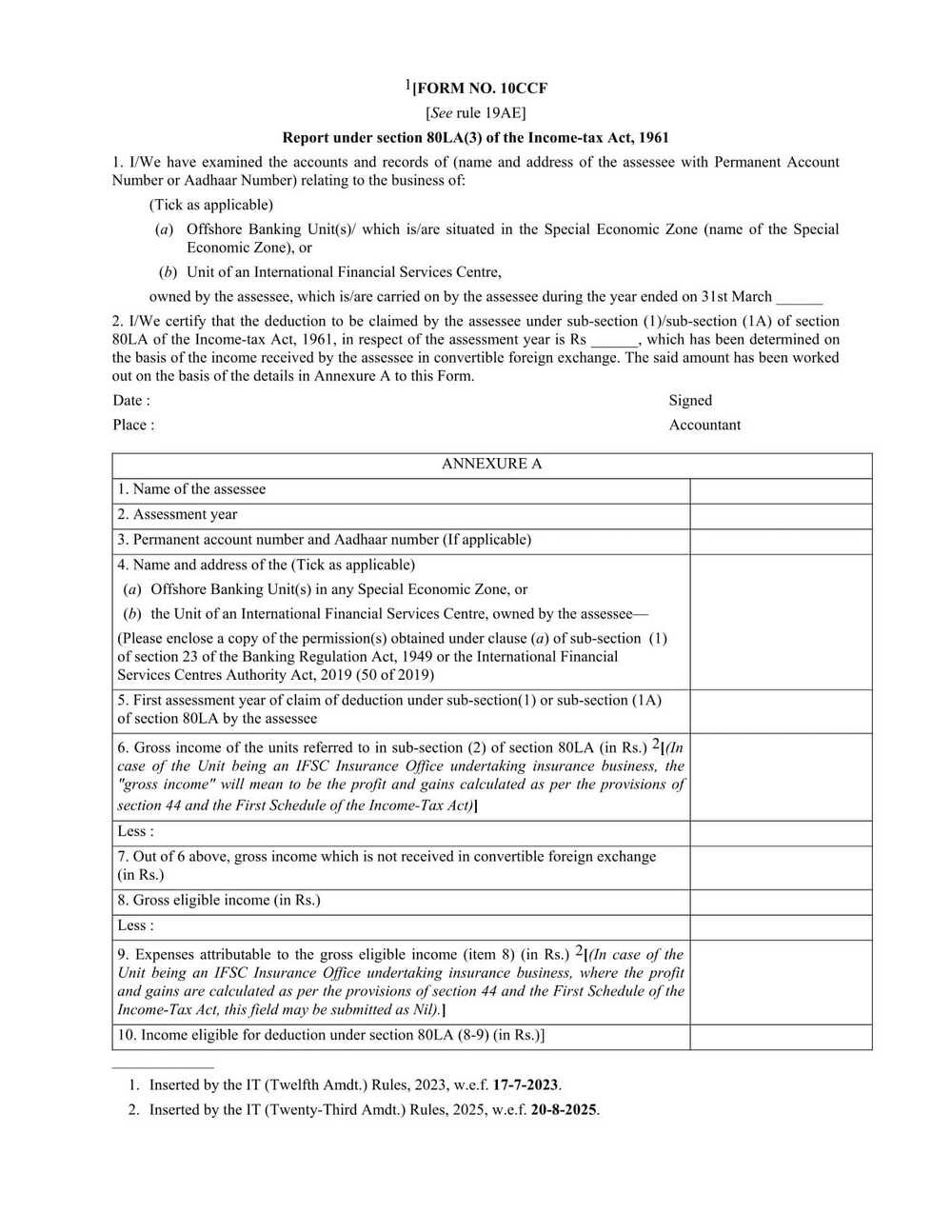 Income Tax Form No.10CCF Download Report under section 80LA(3) of the Income-tax Act, 1961
