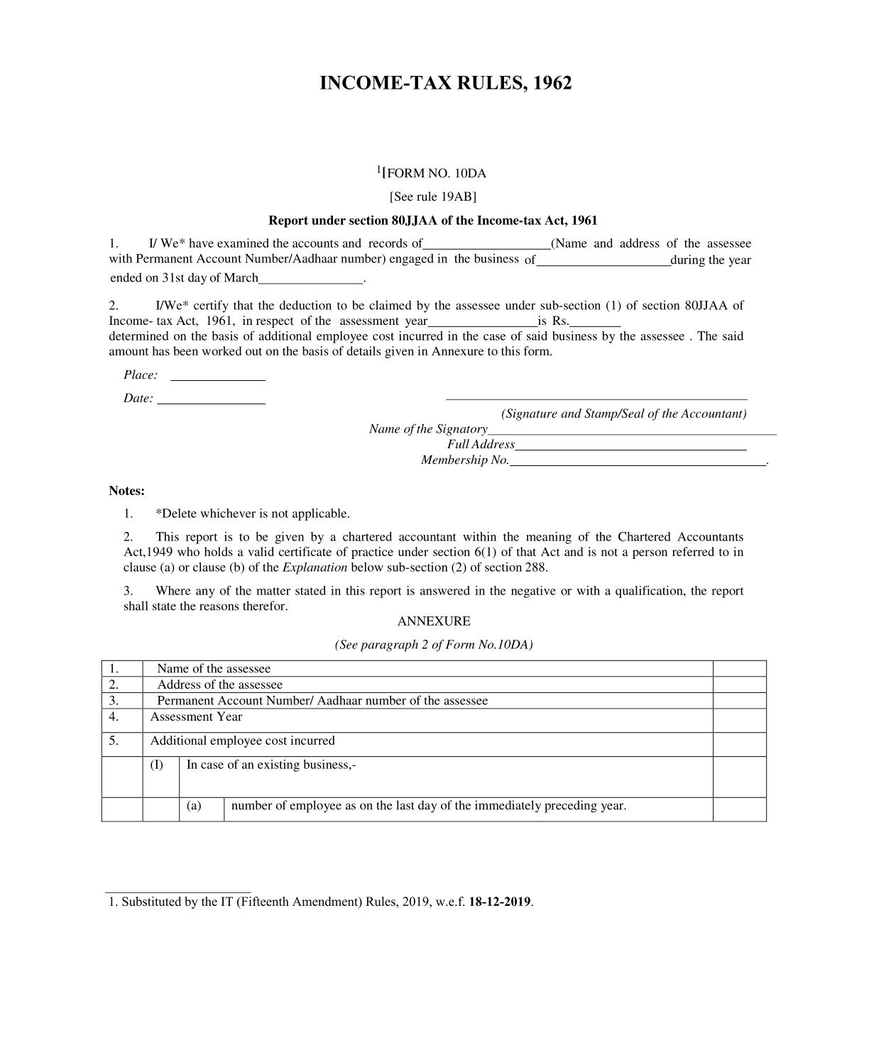 Income Tax Form No.10DA Download Report under section 80JJAA of the Income-tax Act, 1961