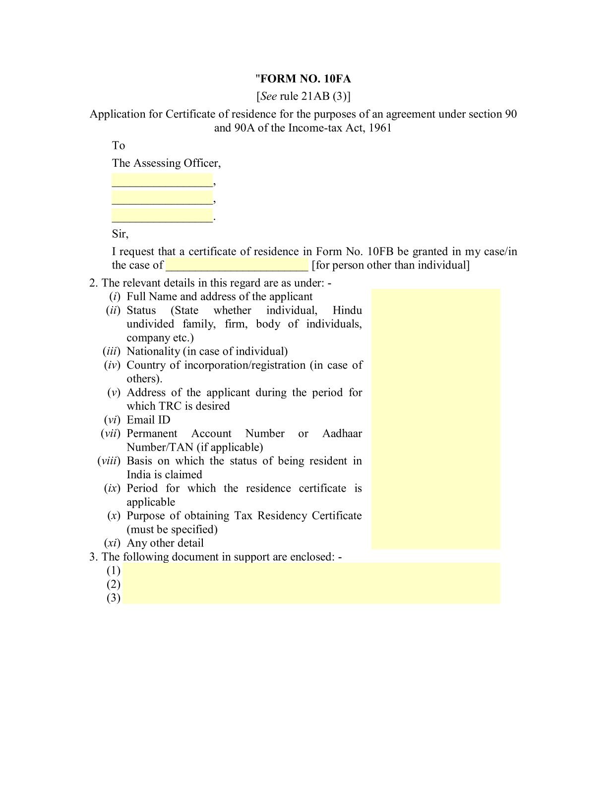 Income Tax Form No.10FA Download Application for Certificate of residence for the purposes