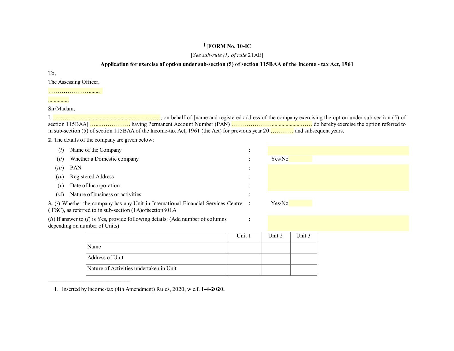 Income Tax Form No.10IC Download Application for exercise of option under sub-section (5)