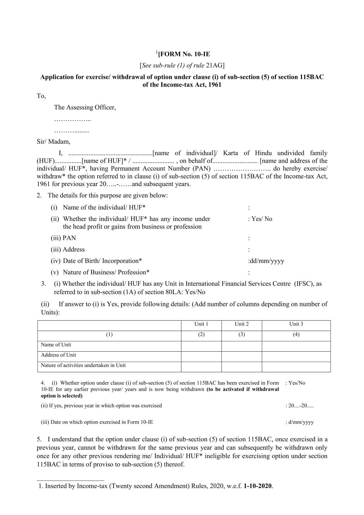 Income Tax Form No.10IE Download Application for exercise withdrawal of option under clause