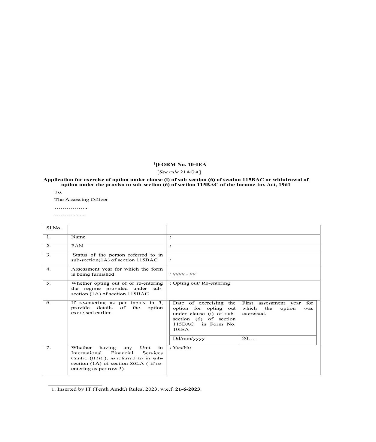 Income Tax Form No.10IEA Download Application for exercise of option under clause (i)