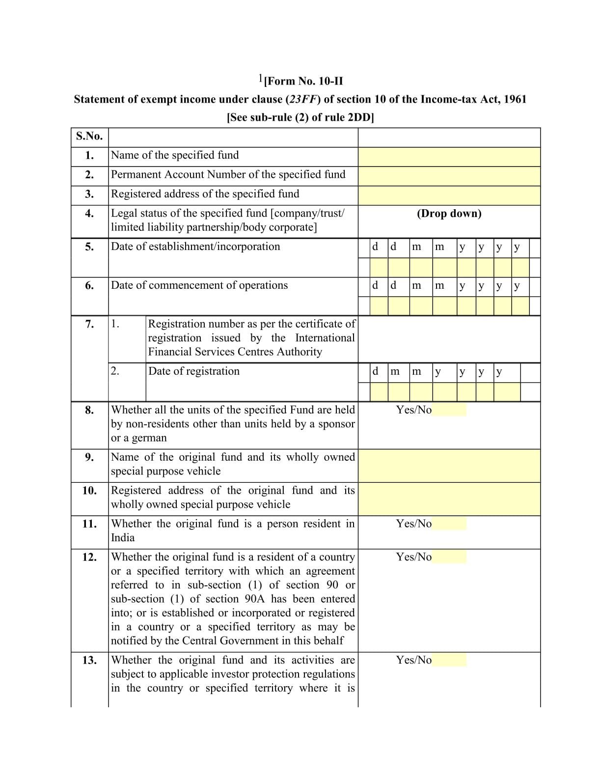 Income Tax Form No.10II Download Statement of exempt income under clause (23FF)