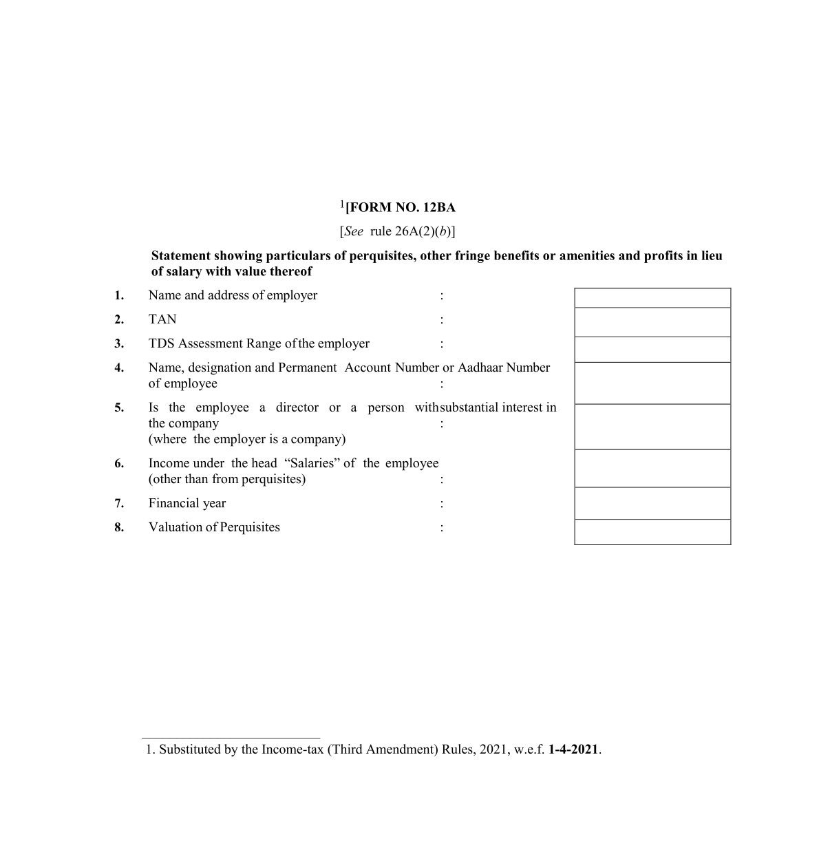 Income Tax Form No.12BA Download Statement showing particulars of perquisites,