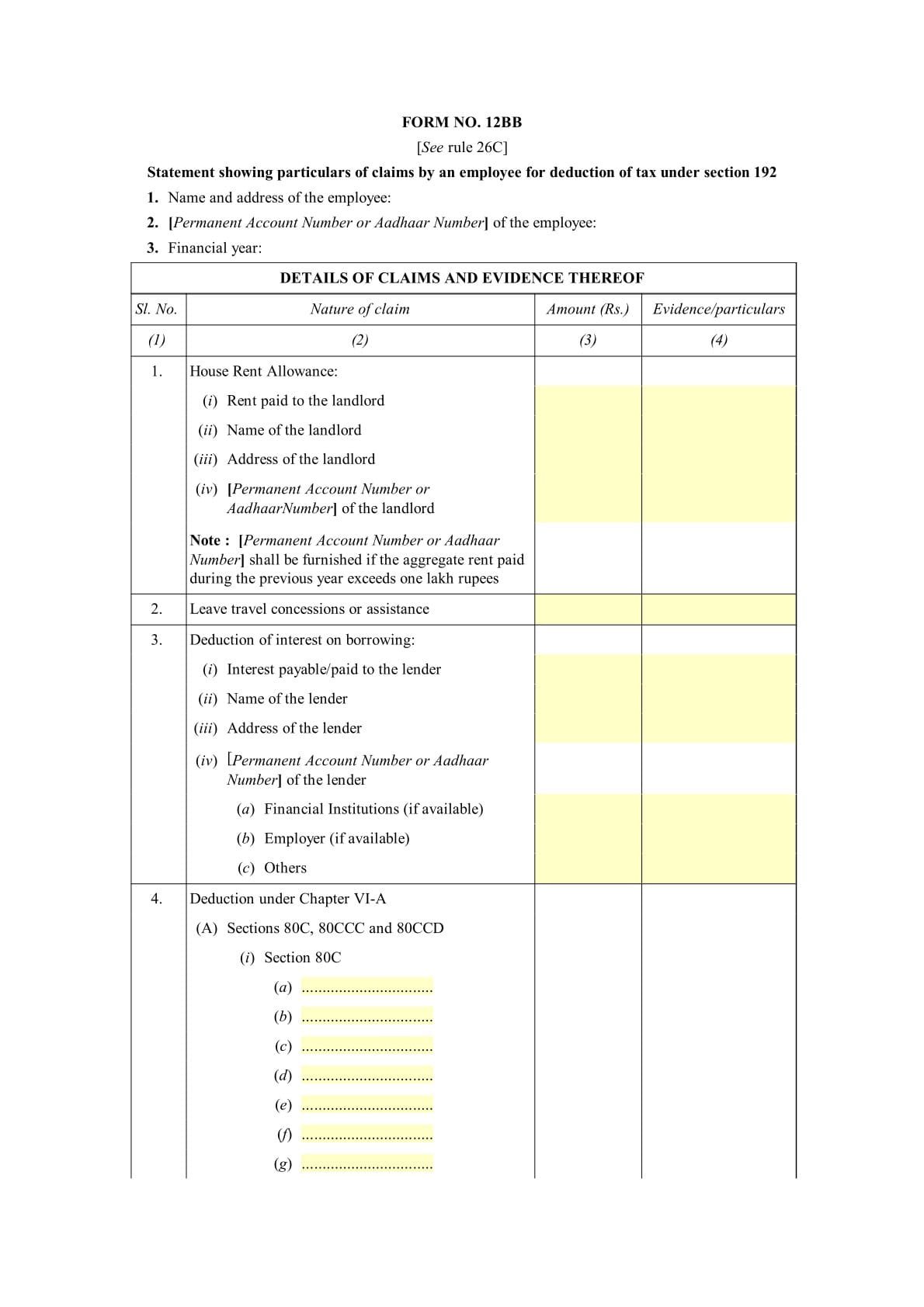 Income Tax Form No.12BB Download Statement showing particulars of claims by an employee