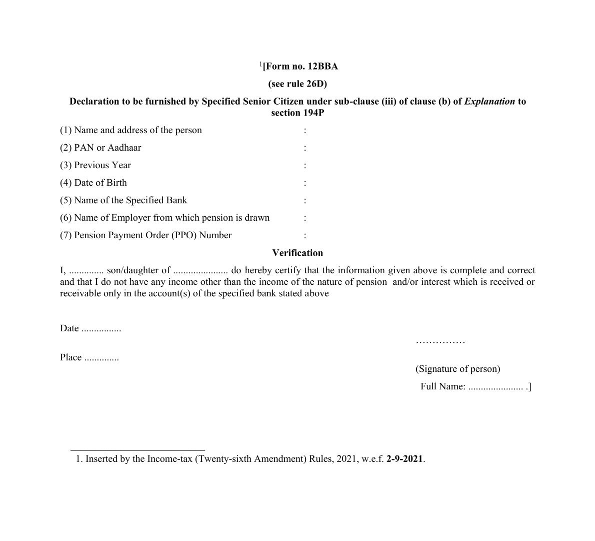 Income Tax Form No.12BBA Download Declaration to be furnished by Specified Senior Citizen