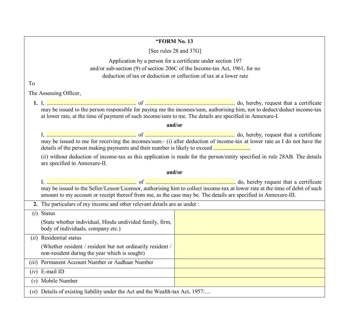 Income Tax Form No.13 Download Application by a person for a certificate under section 197