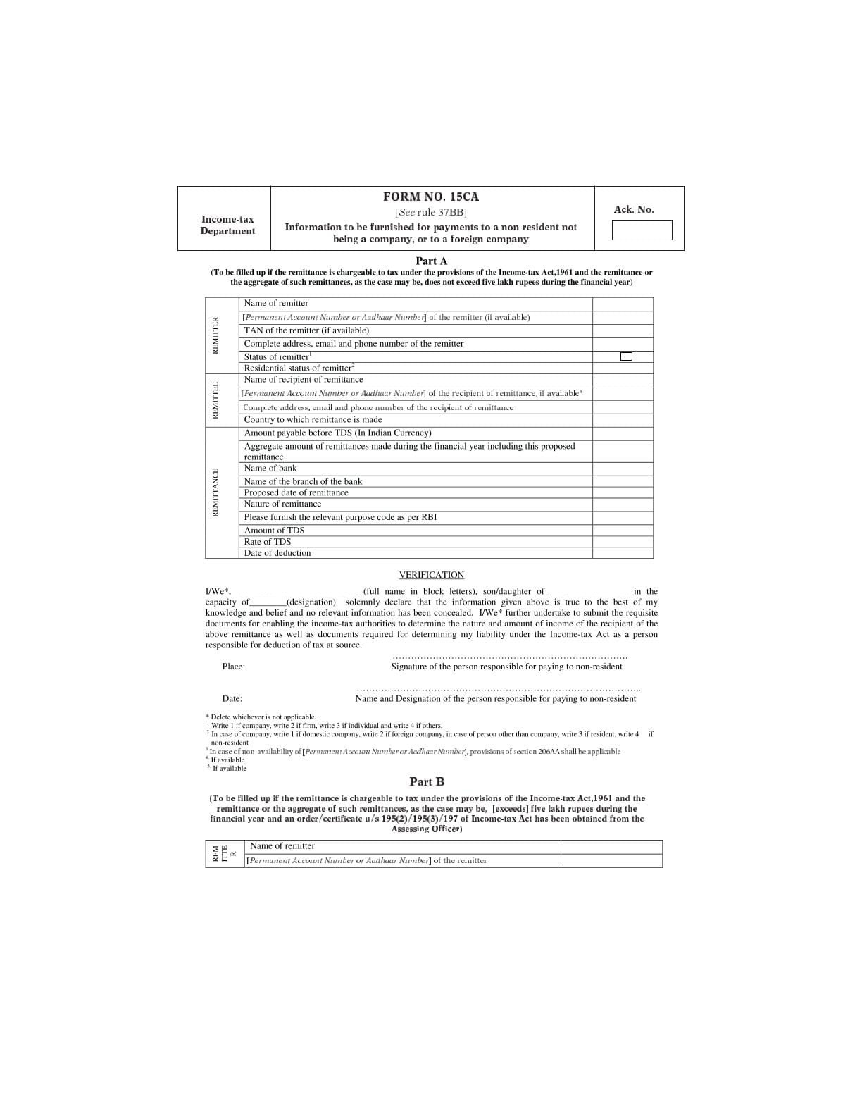 Income Tax Form No.15CA Download Information to be furnished for payments to a non-resident