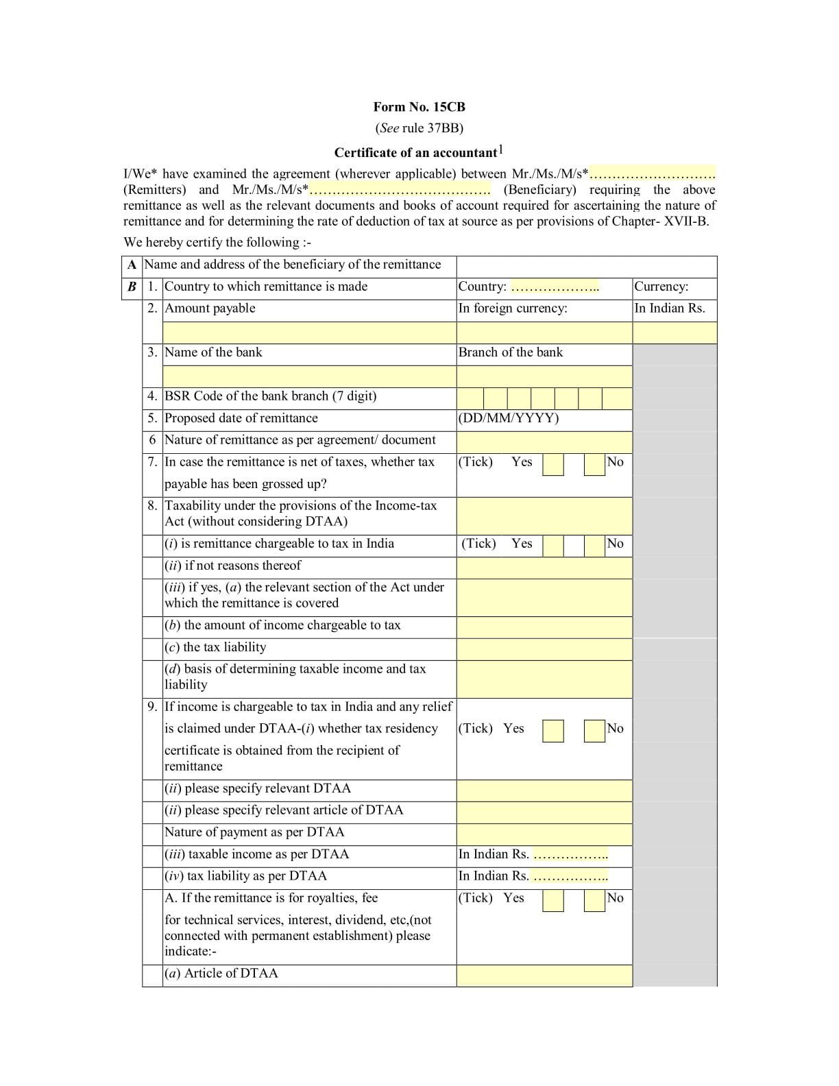 Income Tax Form No.15CB Download Certificate of an accountant