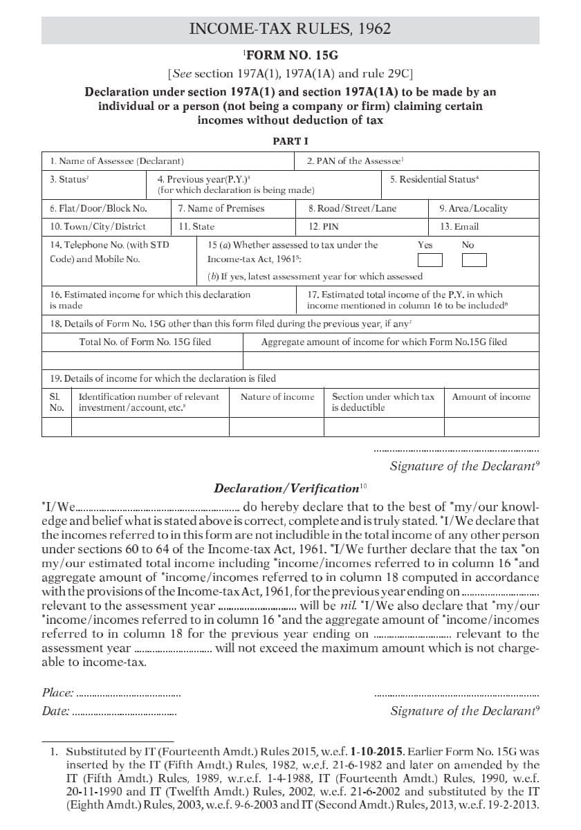 Income Tax Form No.15G Download Declaration under section 197A(1) and section 197A(1A)