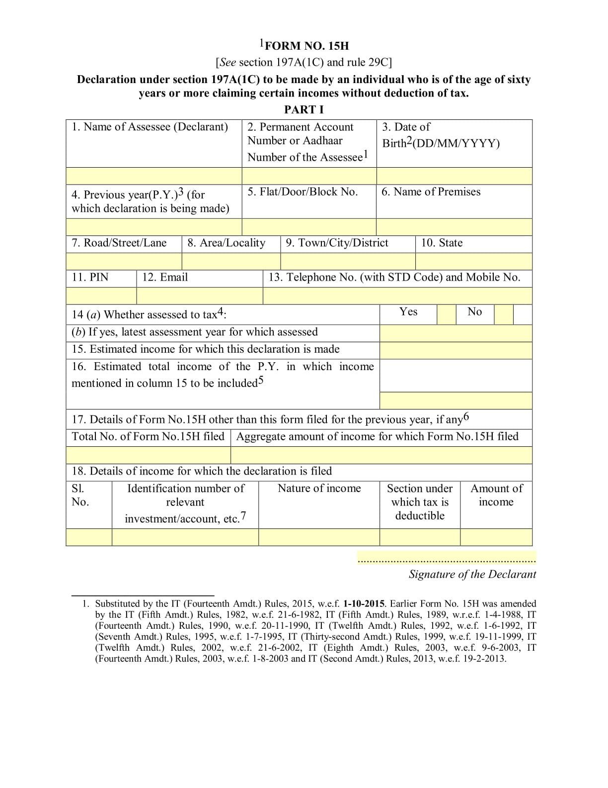 Income Tax Form No.15H Download Declaration under section 197A(1C)