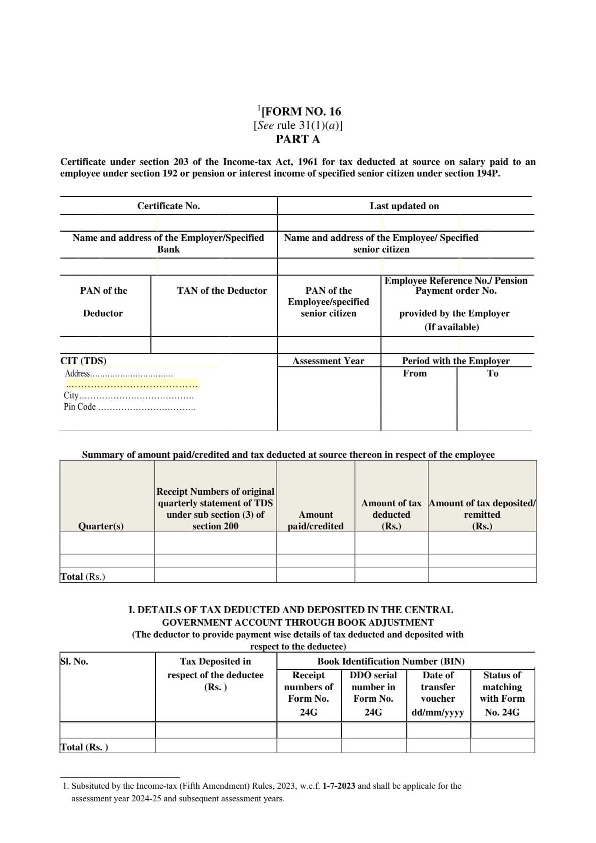 Income Tax Form No.16 Download Certificate under section 203 of the Income-tax