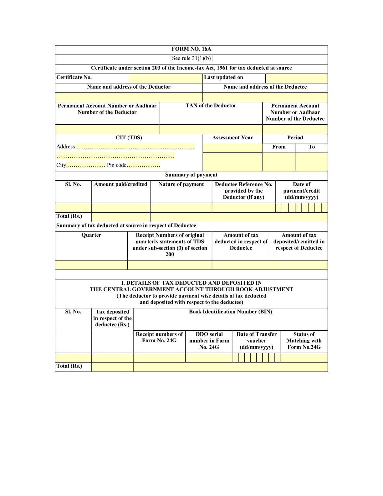 Income Tax Form No.16A Download Certificate under section 203 of the Income-tax Act