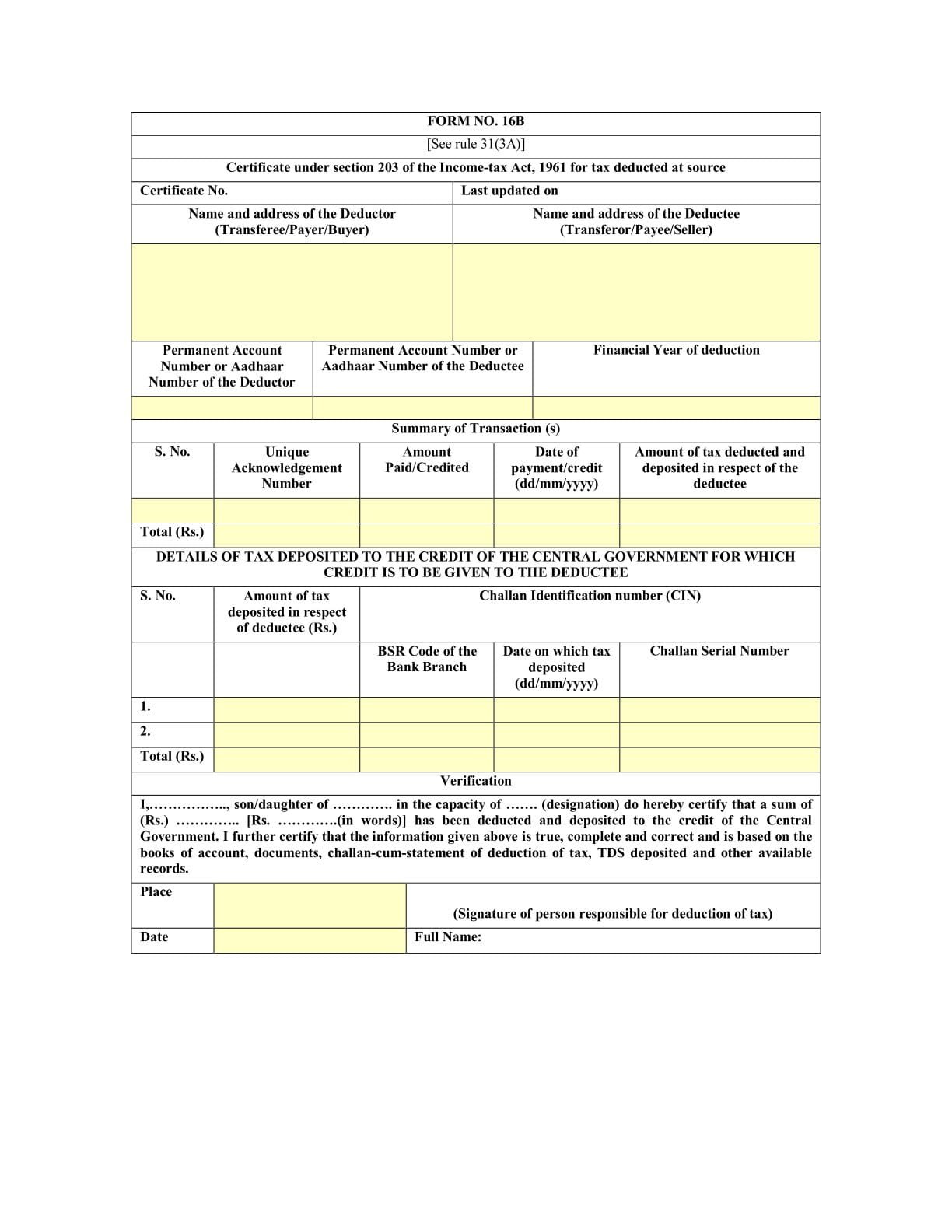 Income Tax Form No.16B Download Certificate under section 203 of the Income-tax Act,