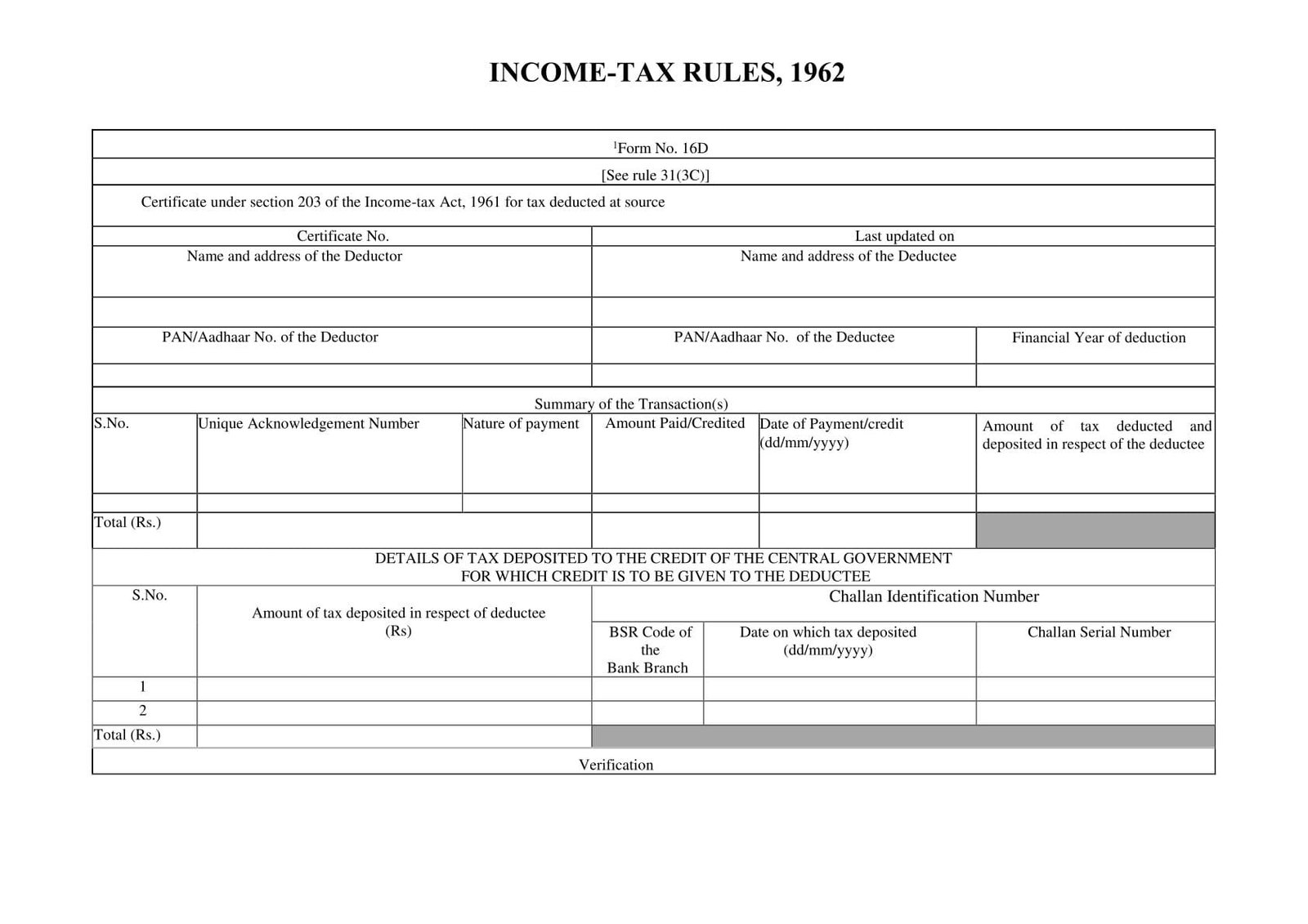 Income Tax Form No.16D Certificate under section 203 of the Income-tax Act,