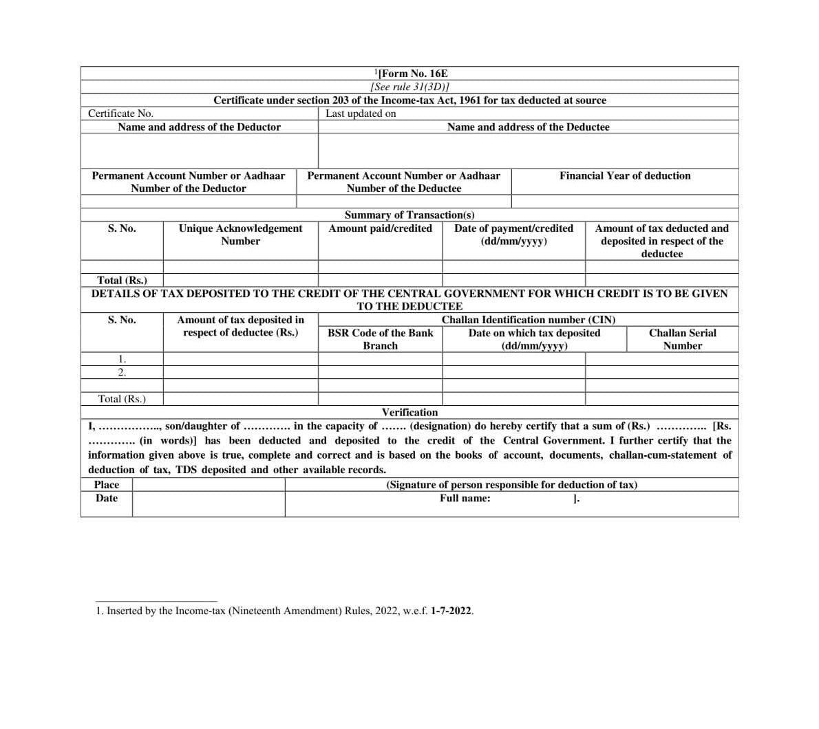 Income Tax Form No.16E Download Certificate under section 203 of the Income-tax Act,