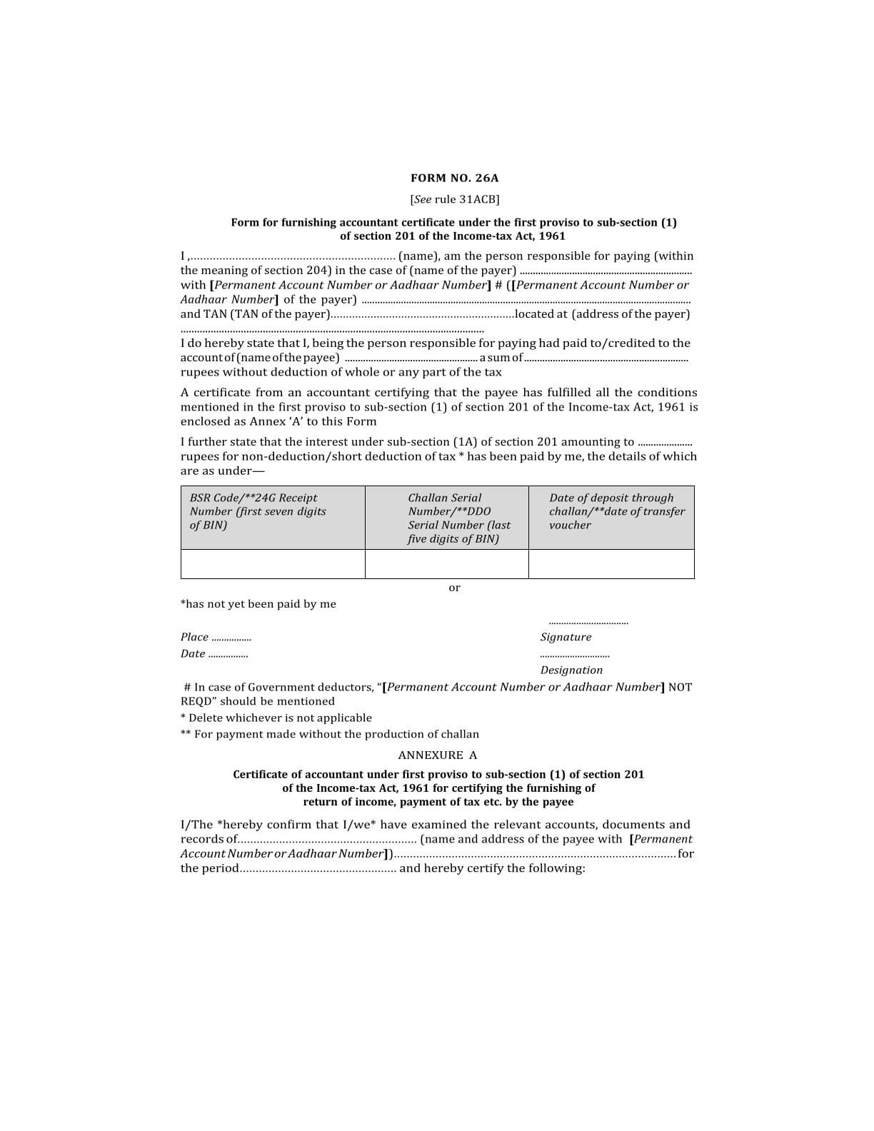 Income Tax Form No.26A Download Form for furnishing accountant certificate