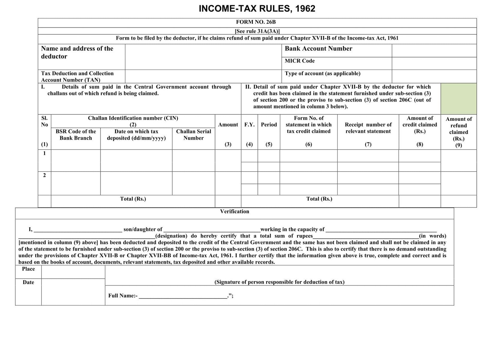 Income Tax Form No.26B Download Form to be filed by the deductor, if he claims
