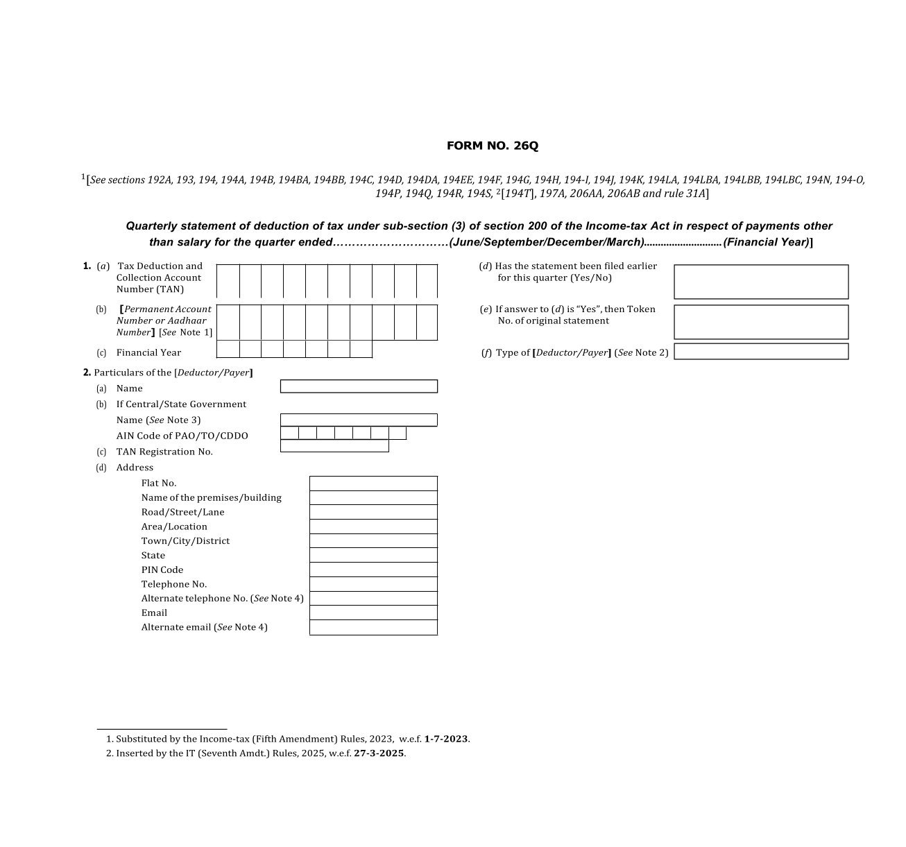 Income Tax Form No.26Q Download Quarterly statement of deduction of tax under sub-section (3)