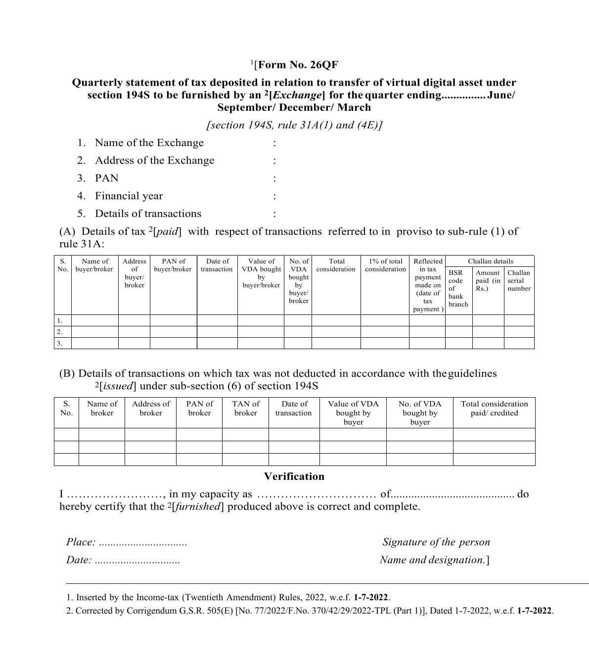 Income Tax Form No.26QF Download Quarterly statement of tax deposited in relation
