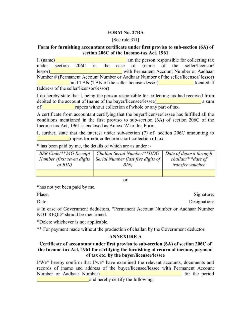 Income Tax Form No.27BA Download Form for furnishing information with the statement