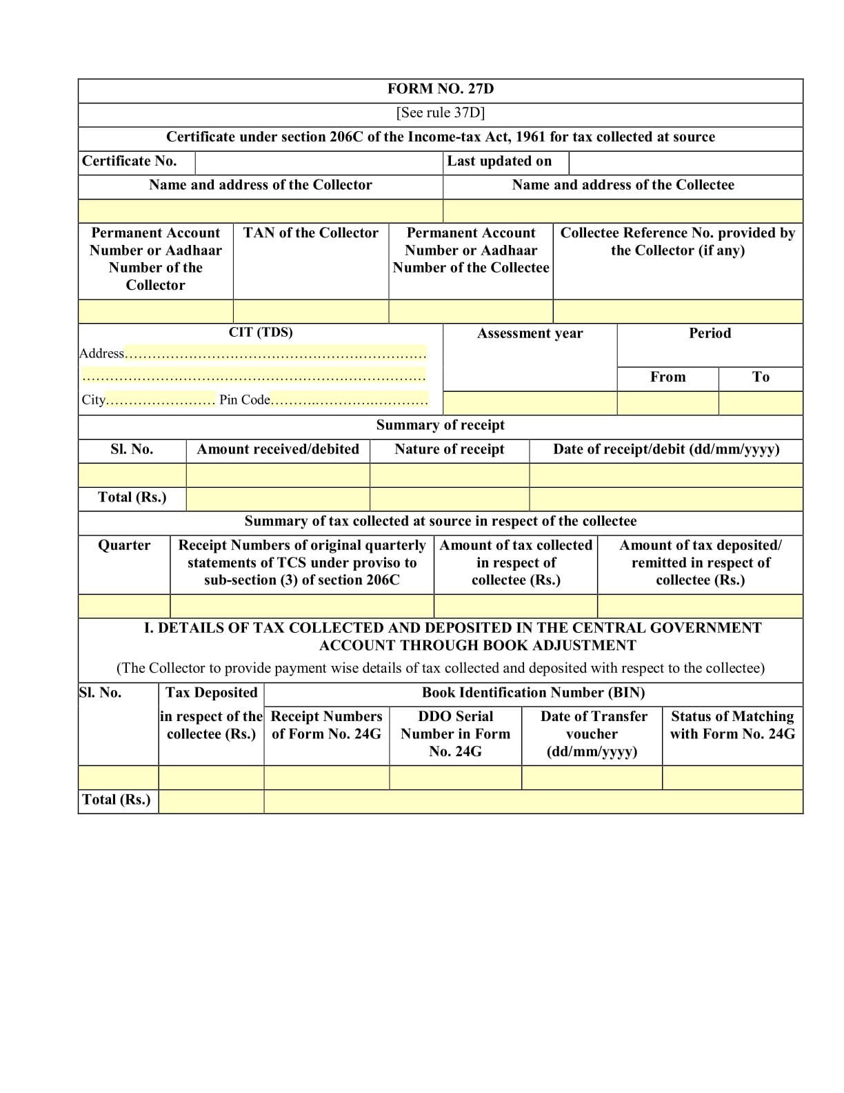 Income Tax Form No.27D Download Certificate under section 206C of the Income-tax Act, 1961 for tax collected at source