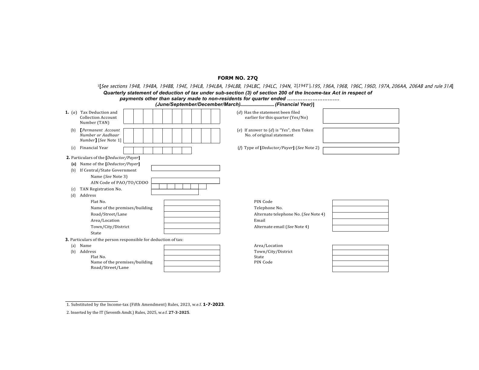 Income Tax Form No.27Q Download Quarterly statement of deduction of tax under sub-section (3)