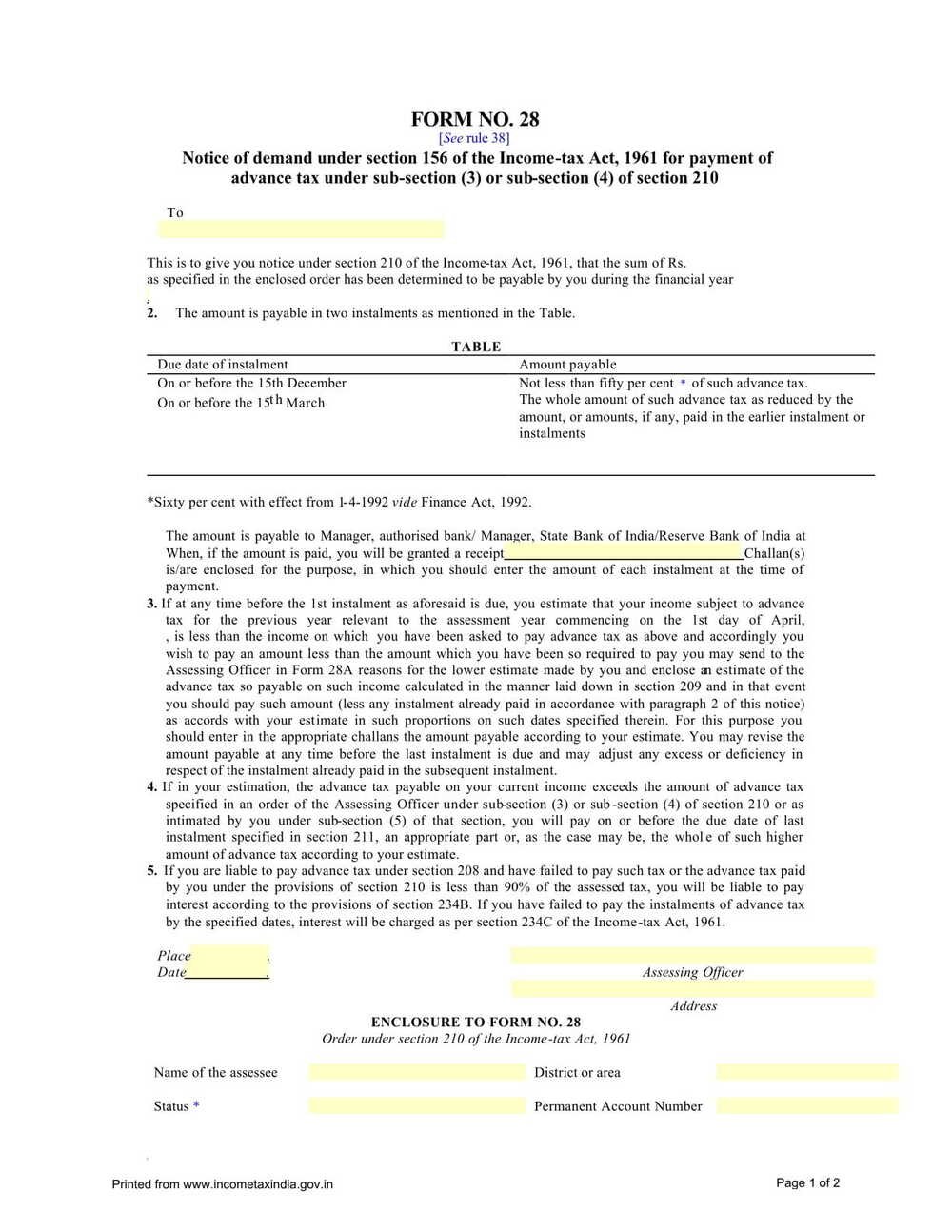Income Tax Form No.28 Download Notice of demand under section 156 of the Income-tax Act,